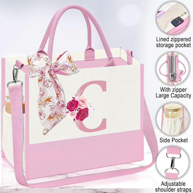 Initial Canvas Tote Bag,Birthday Gifts for Women,Monogrammed Gifts for Women,16oz Glass Cup,Personalized Gift for Mom,Initial Makeup Bag,Unique Gift for Mom Sister Bestie-C