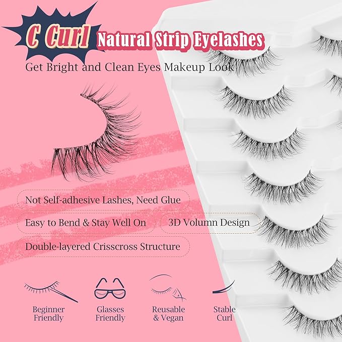 Natural Lashes False Eyelashes 12 MM Short Lashes WIspy 3D Volume Fake Eyelashes Pack C Curl Soft Eye Lash Strips with Thin Cotton Band 7 Pair False Lashes Siligli