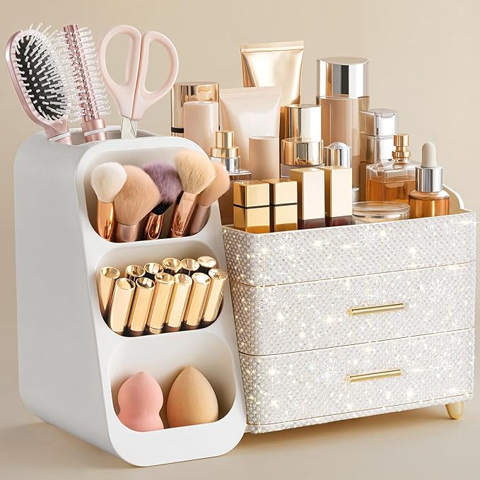 HBlife Makeup Organizer with Brush Holder for Vanity, Large Plastic Bathroom Countertop Organizer Skin Care Storage, Easy to Store Nail Polishes, Perfumes, Eyeshadow Palettes, Pearl All White