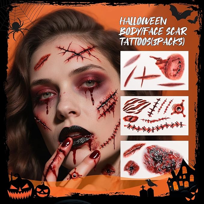 docolor Makeup Brush Set,5PCS Halloween Goth Makeup Brushes Powder Contour Eyeliner Brow Eyeshadow Brush Set with 9 Colors Halloween Eyeshadow Palette,1PC Makeup Sponge Puff&3PCS Halloween Scar Tattoo