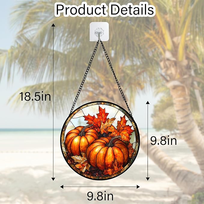 Stained Glass Window Hanging, Pumpkin Maple Leaf Suncatcher for Doors Home Sun Catchers Decoration and Christmas, Mother's Day Birthday Gifts for Women, Men, and Mom 9.8 in