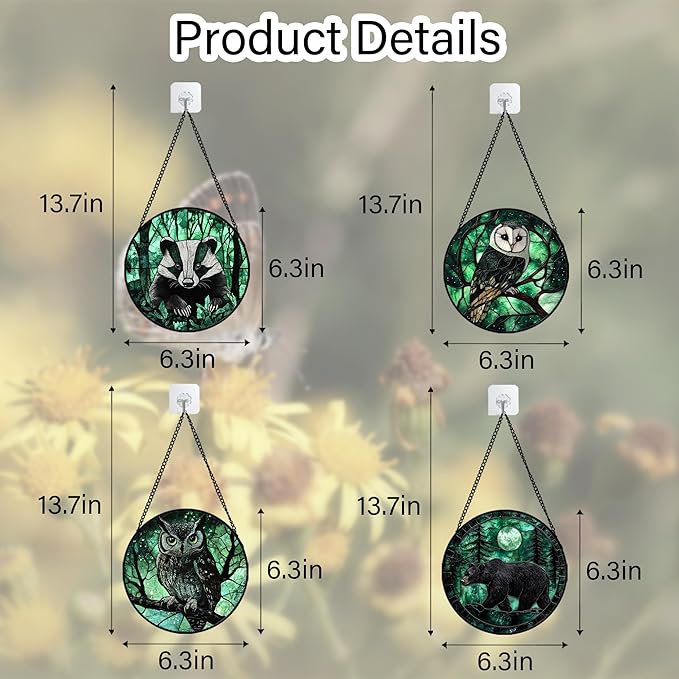 Stained Glass Window Hanging 4 Pcs Set Green Forest Night Sky Wildlife 6.3" - Suncatcher Door Garden Sun Catcher Decor Birthday for Mom Woman Nana Men Friend