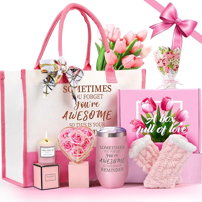 Gifts Baskets for Women, Birthday Baskets for Mom, Sister, Her, Employee, Wife, Thanksgiving Day, Christmas Gifts for Women, Care Package, Gift Sets with Canvas Tote Bag Sock Tumbler Soap Flower