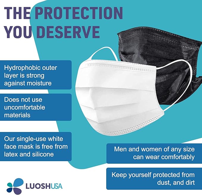 Luosh Face Masks Disposable Made in USA, 3 Ply Disposable Masks 50pcs,Adult Mask, Kids Mask, Black Masks, White Masks