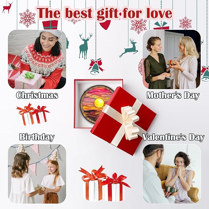 Stained Glass Window Hanging, Sunrise Sea Surface Sun Catchers Diamond Glass Panel Hangings Abstract Suncatcher Decor for Birthday for Women, Men, Wife, Aunt, and Mom 7.8 in