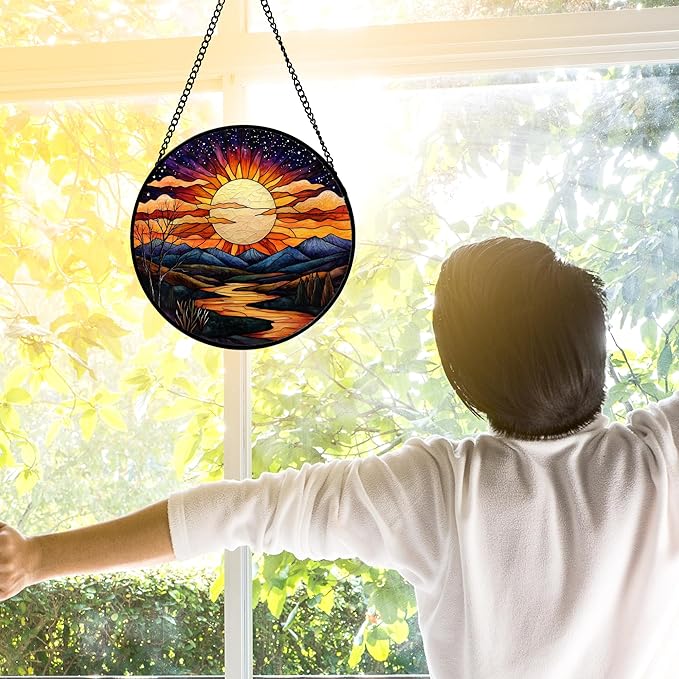Stained Glass Window Hanging, The Sun Shines Brightly on Lake Sun Catchers Colorful Glass Panel Suncatcher Decor for Birthday for Women, Men, Wife, Lovers, and Mom 6.3 in
