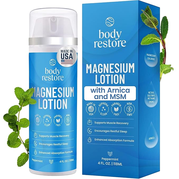 Body Restore Magnesium Lotion with Arnica & MSM - Christmas Stocking Stuffers, White Elephant, Sleep Support, Muscle & Joint Relief, Birthday Gifts for Women, Men, Travel Essentials - Peppermint