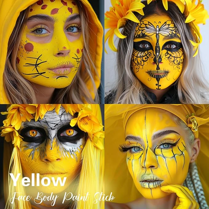 BADCOLOR Yellow Face Body Paint Stick, Full-Coverage Eye Black Sticks for Adults Children, Hypoallergenic Face Painting Kit for Halloween SFX Lion Tiger Minions Stage Cosplay Costume Party