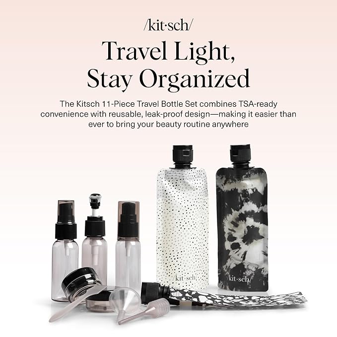 Kitsch 11 PCS Travel Bottles for Toiletries – Travel Essentials Kit for Shampoo, Conditioner, Lotion & More - TSA Approved Travel Bottles, Leak-Proof Refillable Travel Size Containers - Black & Ivory