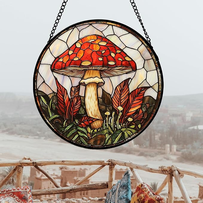 Stained Glass Window Hanging, Big Red Mushroom Suncatcher for Doors Home Sun Catchers Decoration and Christmas, Mother's Day Birthday Gifts for Women, Men, and Mom 14.9x14.9 in