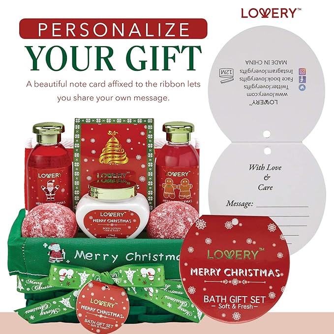 Bath and Body Christmas Gift Basket ForWomen–Strawberry & Sandalwood Fragrance-Holiday Home SpaSet, Includes Merry Christmas Body Lotion, 2 OversizedBath Bombs, Bath Salt, Weaved Basket & More