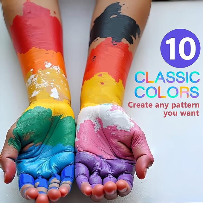 10 Colors Face Body Paint Set, Water Based Body Paint for Kids, Washable Face Paint Kit with Brushes & Sponges, Non-Toxic Face Painting for Halloween Party Cosplay Stage Makeup