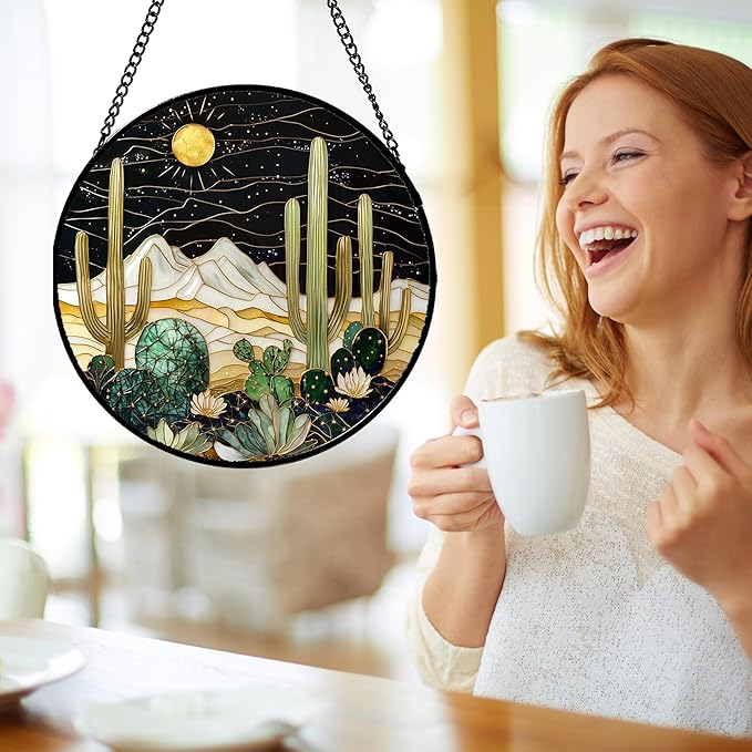 Stained Glass Window Hanging, Black and White Golden Cactus Nature Suncatcher for Doors Window Home Starry Sky Sun Catchers Decor Mother's Day Birthday Gifts for Women, Men Mom 9.8 in