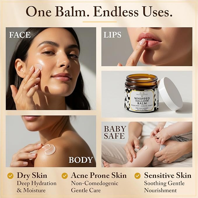 Whipped Tallow and Honey Balm for Face - Unscented Grass Fed Beef Tallow for Skin, Moisturizer Cream with Manuka Honey, Jojoba Oil, Mango Butter & Vitamin E - For Dry Skin & Body - 3 oz