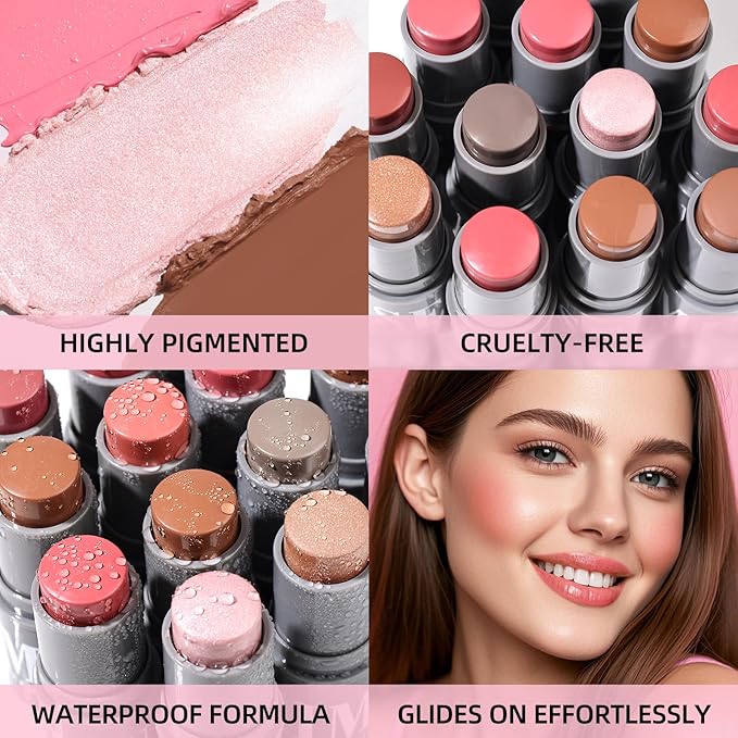 KIMUSE Highlighter Makeup Stick Duo, Cream Blush & Highlighter Trimming Stick, Creamy High Pigmented, Long Lasting, Vegan Face Make Up Sticks