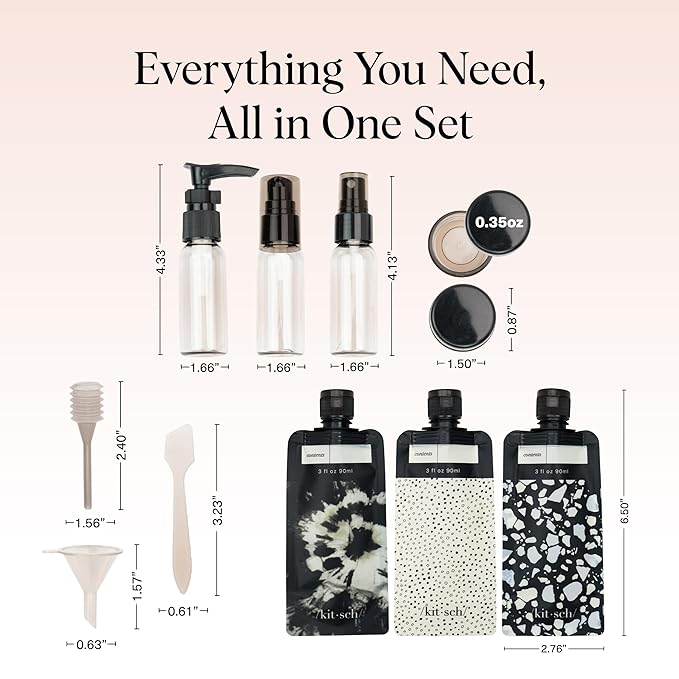 Kitsch 11 PCS Travel Bottles for Toiletries – Travel Essentials Kit for Shampoo, Conditioner, Lotion & More - TSA Approved Travel Bottles, Leak-Proof Refillable Travel Size Containers - Black & Ivory