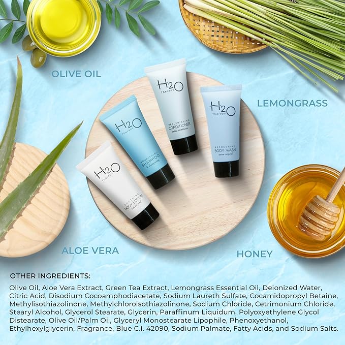 H2O Therapy Hotel Soaps & Toiletries Bulk Set | 1-Shoppe Amenities Kit | 0.85oz Shampoo & Conditioner, Body Wash, Lotion | Travel Size | 80 Pieces