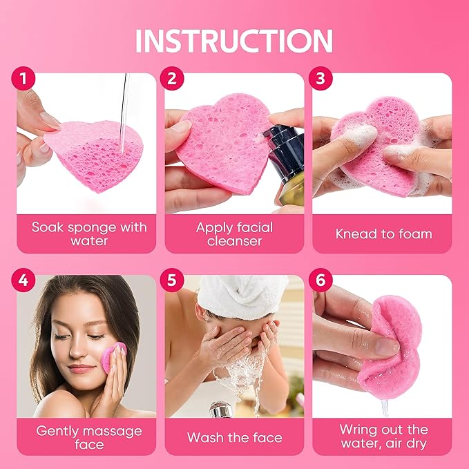 50-Count Heart Shape Compressed Facial Sponges for Daily Facial Cleansing and Exfoliating, 100％ Natural Cosmetic Spa Sponges for Makeup Remover