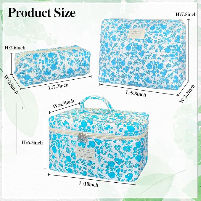 Lake Blue Large Quilted Floral Makeup Bag Set of 3 Cute Coquette Aesthetic Cosmetic Bag Set Travel Toiletry Bag for Women