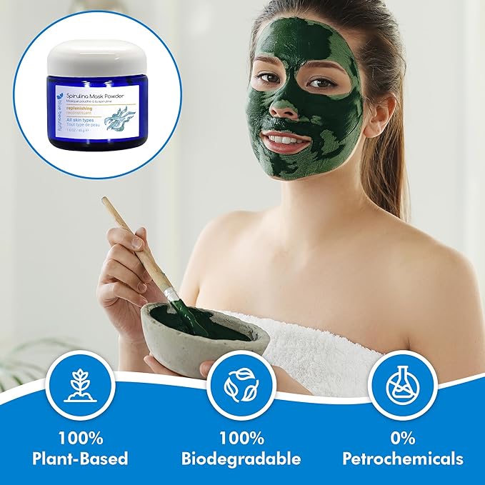 Blue Beautifly Spirulina Clay Mask for Face - Firming Face Mask Detoxifies Pores and Restores Skin’s Natural Vitality - 100% Organic Plant Powders, Colloidal Oatmeal, and French Rose Clay - 1.6 oz
