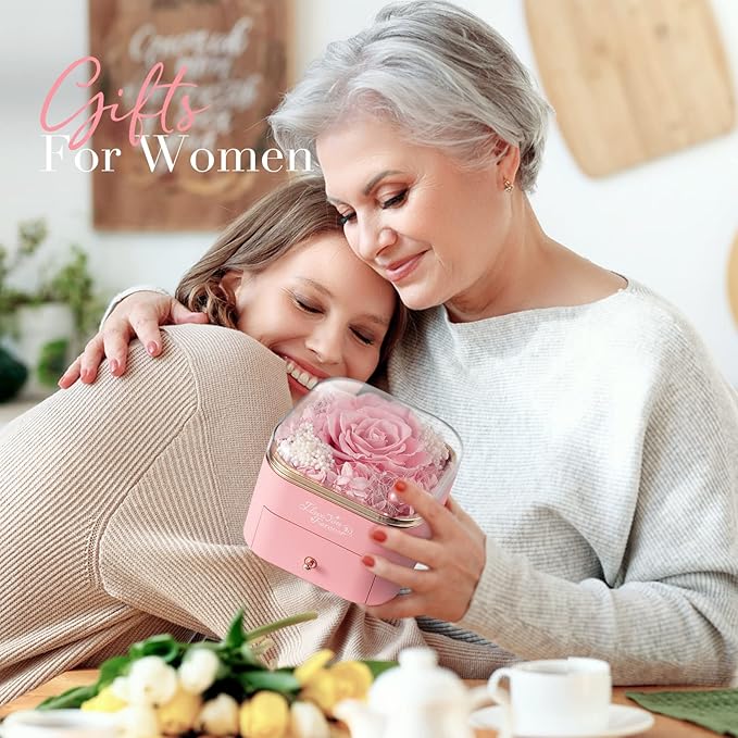 Preserved Real Pink Rose with Angle Wings Necklace, Forever Flowers Gifts for Mom Grandma Wife Girlfriend at Christmas Valentines, Anniversary Birthday Gifts for Women, I Love You Gifts for Her