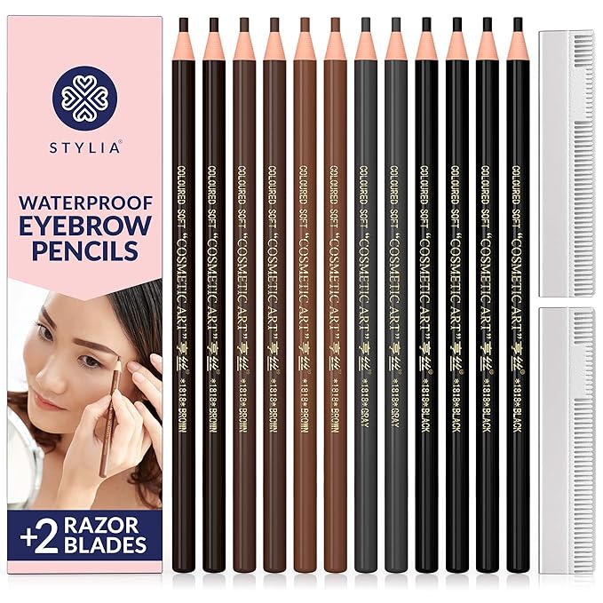 Stylia Waterproof Eyebrow Pencils For Women – Long-Lasting Microblading Supplies Brow Pencil, Perfect for Eyebrow Shaper, Filling & Defining Natural-Looking Brow - (12PC in 5 Colors)