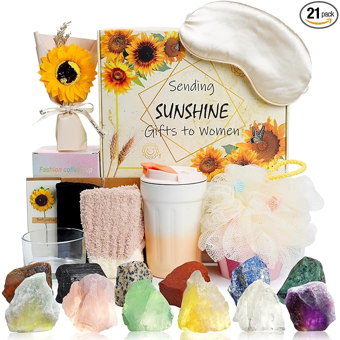 Alitifiy Get Well Soon Self Care Package Box, Birthday Xmas Gifts for Women, Sunflower Relaxing Feel Better Soon Basket Package w/ 12pcs Crystals Healing Stones, Sunshine and Wellness Presents for Her