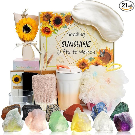 Alitifiy Get Well Soon Self Care Package Box, Birthday Xmas Gifts for Women, Sunflower Relaxing Feel Better Soon Basket Package w/ 12pcs Crystals Healing Stones, Sunshine and Wellness Presents for Her
