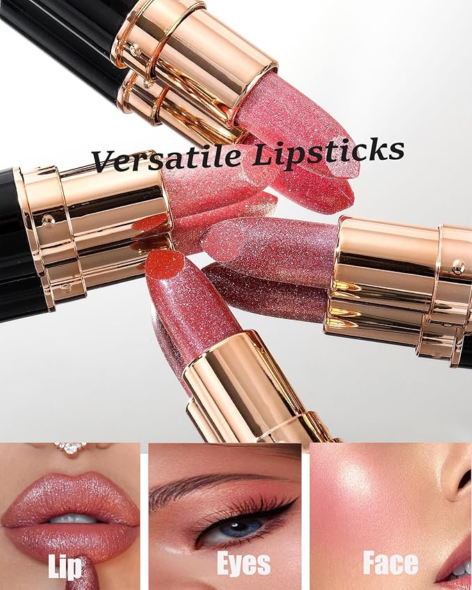 Red Metallic Glitter Lipstick Long Lasting, Diamond Nude Shimmer Lip Gloss High Pigmented Brown Matte Lip Stick for Women, Sparkling Shiny Transfer Proof Non Stick Tinted Lip Color Balm Makeup-05