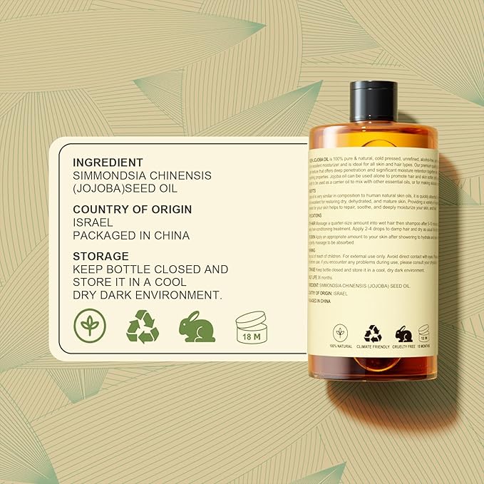 Pure Jojoba Oil Organic USDA Certified 16 fl oz, 100% Natural Jojoba Oil for Hair, Skin & Face, Cold Pressed Unrefined, Deeply Moisturizing Body Carrier Oils for Essential Oils Mixing