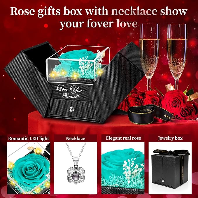 Preserved Blue Real Rose with Heart I Love You Necklace -Eternal Flowers Rose Birthday Gifts for Her Mom Wife Girlfriend Grandma on Valentines Mothers Day Christmas Anniversary Romantic-Negro Blue