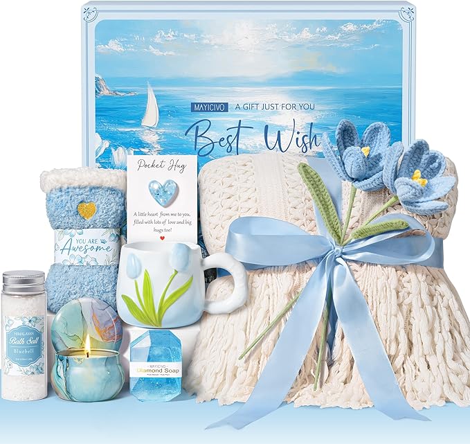 Birthday Gifts for Women Self Care Set Get Well Soon Gift Baskets, Relaxing Bluebell Spa Gift Basket Care Package for Women, Unique Xmas Gifts for Mom Her Girlfriend Sister Friend Wife Grandma
