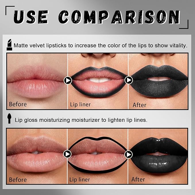 CAHIUYOA Black Matte Lipstick Lip Liner Set,Double Head Liquid Lipstick Lip Gloss Long Lasting Smudge Proof Black Lip Liner and Lipstick Set for Halloween Goth Cosplay Makeup