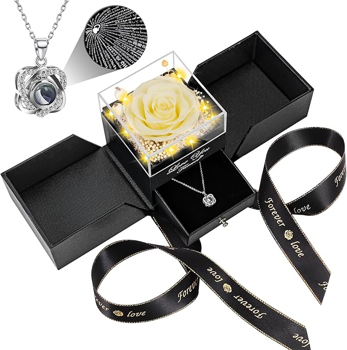 Preserved Lemon Yellow Real Rose with Heart I Love You Necklace -Eternal Flowers Rose Birthday Gifts for Women Her Mom Wife Girlfriend Grandma on Valentines Mothers Day Christmas Anniversary Romantic