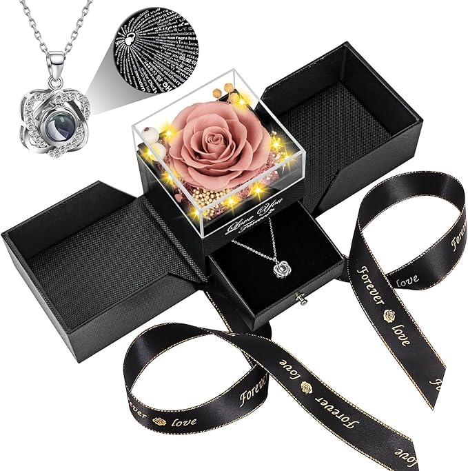 Preserved Card Pink Real Rose with Heart I Love You Necklace -Eternal Flowers Rose Birthday Gifts for Women Her Mom Wife Girlfriend Grandma on Valentines Mothers Day Christmas Anniversary-Card Pink