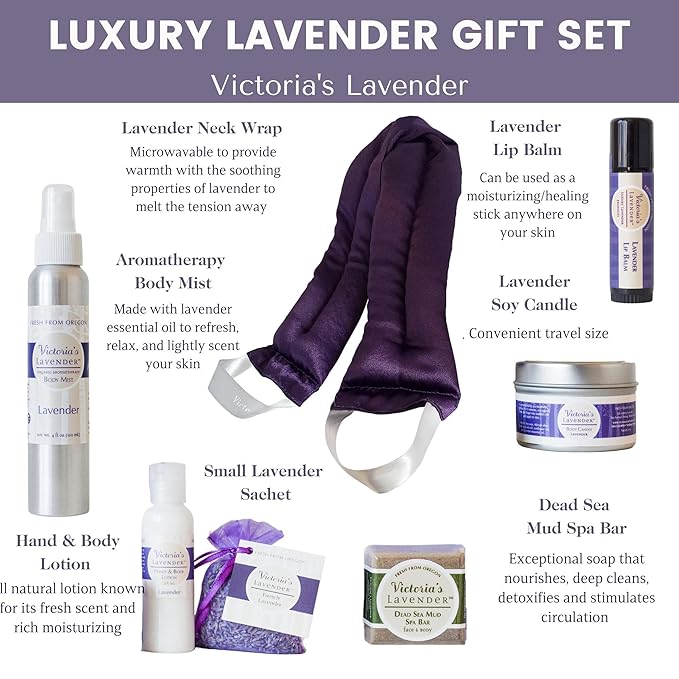 Victoria's Lavender Luxury Gift Basket for Women - Neck Wrap, Body Mist, Hand & Body Lotion, Lip Balm, Soy Candle, Mud Spa Bar & Lavender Sachet, Skin Care Sets, Made in USA Beauty Products For Women