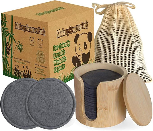 Reusable Cotton Rounds 16Pcs - 100% Natural Bamboo Cotton Pads for Face, Makeup Remover With Laundry Bag and Bamboo Holder (Gray)