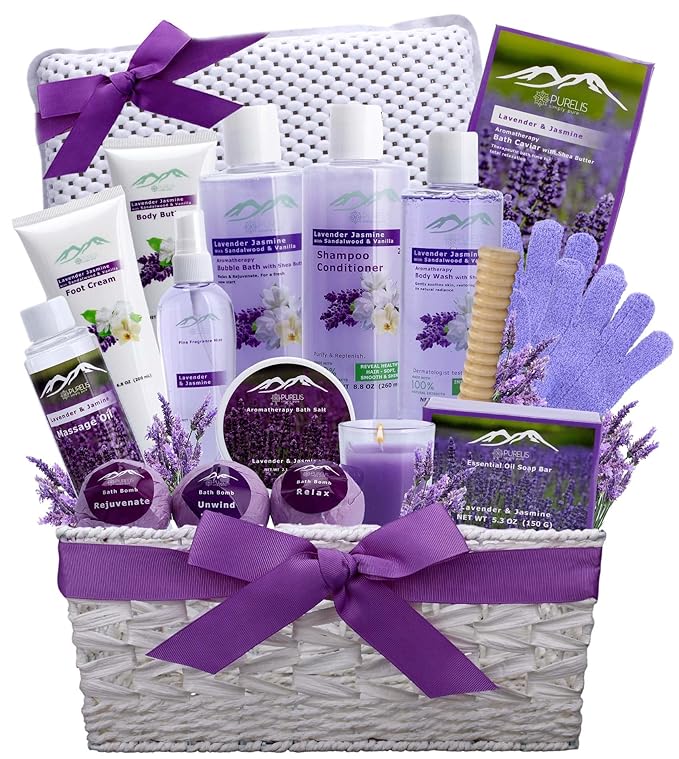 Gift Baskets for Women. Relaxing Lavender Bath Gifts for Her Spa Basket is Filled with All Natural Spa Goodies! Sulfate & Paraben Free. Spa Gifts for Women.