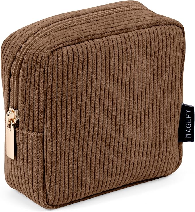 MAGEFY Small Makeup Bag for Purse Mini Cosmetics Bag Corduroy Cute Cosmetic Pouch for Women with Slip-in Pockets