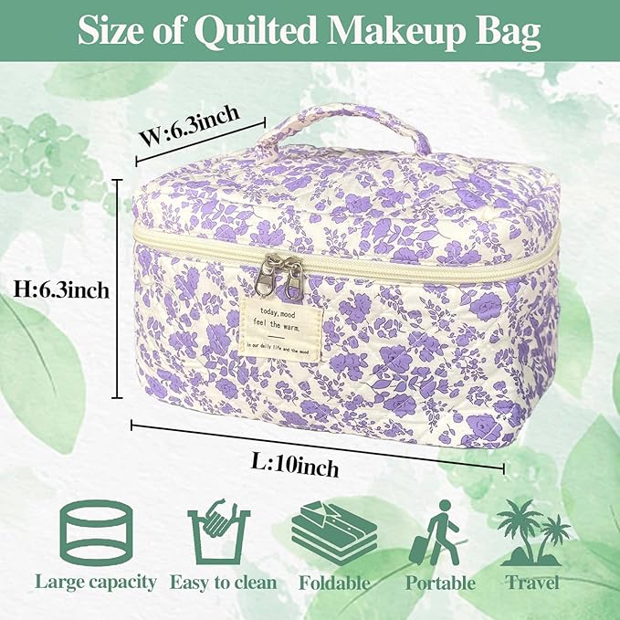 Purple Large Quilted Floral Makeup Bag Cute Soft Coquette Aesthetic Cosmetic Bag Cotton Travel Toiletry Bag for Women