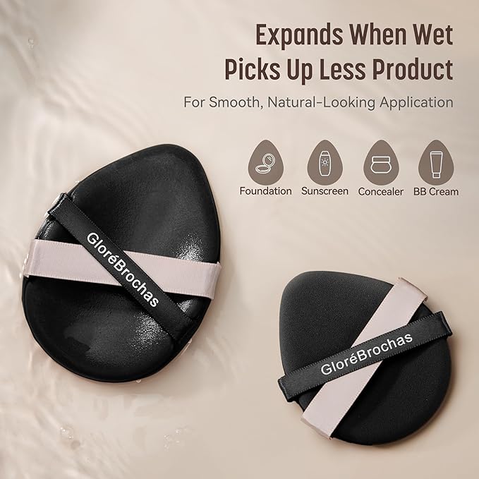 Makeup Sponge Set, GloréBrochas 4PCS Micro Porous Low Absorption Foundation Sponges, Latex-Free PU Cushion Puff, 3.2inches Soft Dual-Sided Black Powder Puff for Face Powder, Individually Wrapped