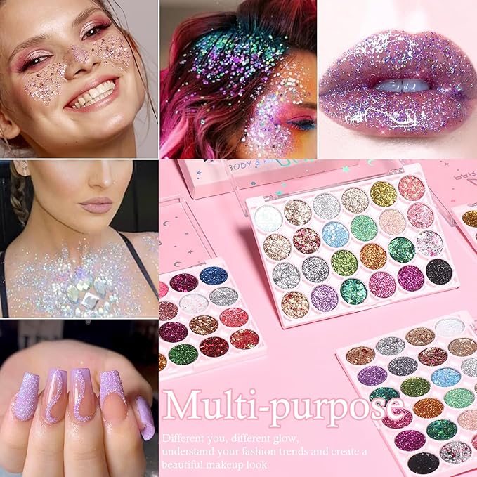 Glitter Eyeshadow Palette, 24 Colors Highly Pressed Pigmented Metallic Shimmer Sparkly Glitter Eyeshadow Makeup Pallet Palettes,Pink Blue Green Red Gold Purple Long Lasting Waterproof (24pcsC)