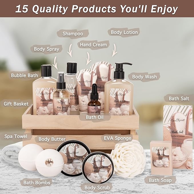 Bath Spa Gift Sets - Luxury Basket With Coconut & Vanilla - Spa Kit Includes Wash, Bubble Bath, Lotion, Bath Salts, Body Scrub, Body Spray, Shower Puff, Bathbombs, Soap and Towel