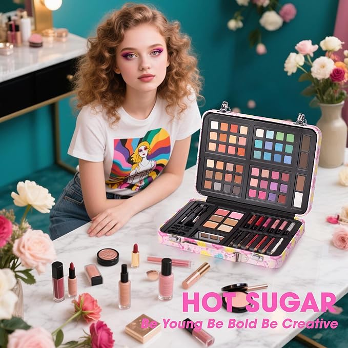 Hot Sugar Makeup Kit for Teenager Girls 10-12, All in One Beginner Makeup Kit for Women Full Kit, Teen makeup kit Cosmetic Gift Set for Birthday Christmas (Flamingo)