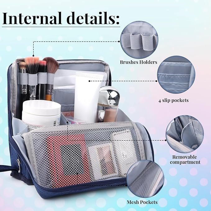 Standing Makeup Bag Gift Set – Large Travel Cosmetic Organizer That Supports Mirror or Phone – Includes 3 Silk Scrunchies & 10 Duckbill Hair Clips – Great Gift for Women & Girls (NAVY BLUE)