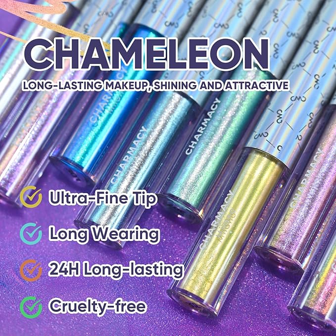 CHARMACY Chameleon Liquid Eyeliner, Liquid Glitter Eyeliner, Highly Pigmented, Metallic MultiColor Shifting waterproof Eyeliner, Ultra-Fine Tip, Longwearing, Smudge-proof (#306)