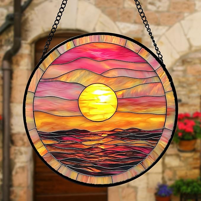 Stained Glass Window Hanging, Sunrise Sea Surface Sun Catchers Diamond Glass Panel Hangings Abstract Suncatcher Decor for Birthday for Women, Men, Wife, Aunt, and Mom 6.3 in