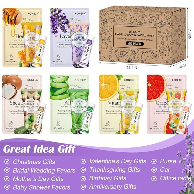 60 Pack Bulk Lip Balm, Facial Mask and Hand Cream Sets, Stocking Stuffers for Women, Christmas Gifts and Bridesmaid Gifts for Guests, Birthday Gifts, Adult Party Favors and Small Gifts for Women