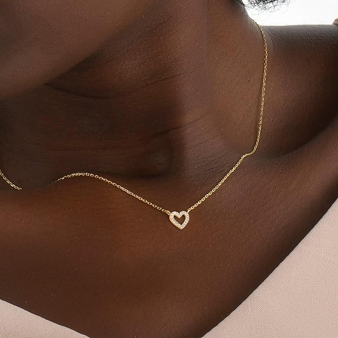 Dainty Gold Heart Necklace for Women - 14K Gold/Silver Plated Cute Heart Handmade Disc Circle Bee Choker Adjustable Necklace for Women Trendy Jewelry