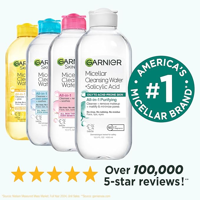 Garnier Micellar Water with Salicylic Acid, All-in-1 Mattifying Facial Cleanser and Makeup Remover for Oily and Acne Prone Skin, 13.5 Fl Oz, Pack of 2